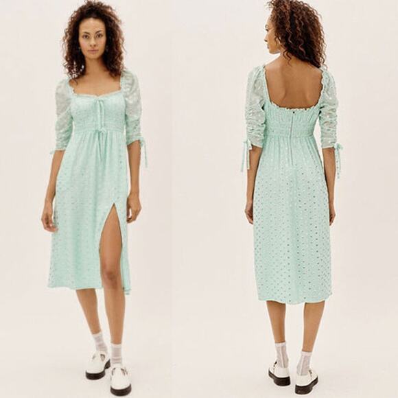 FOR LOVE & LEMONS NWT Eden Silk Metallic Hearts Midi Dress Mint Silver Size S - Picture 2 of 13